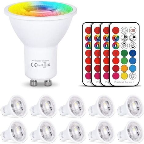 Ampoule Led MR16 GU10 RGB Spot Changementde Couleur, Ampoules Led RGBW Dimmable Blanc chaud (2700K) 6W (Lot de 10)