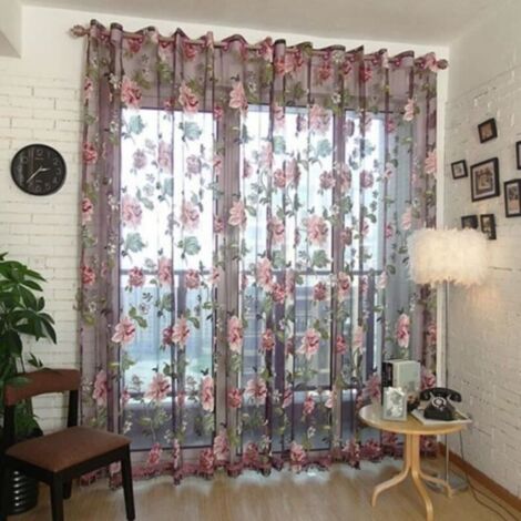 Voilage à œillets fleurs de pivoine violet - Double rideaux élégant pour fenêtre 100x200 cm