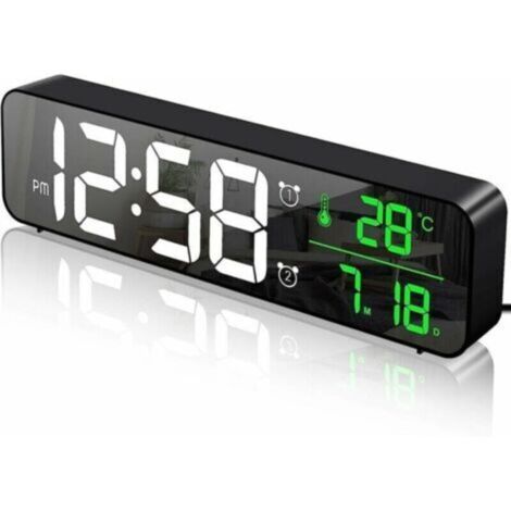 GABRIELLE Réveil Numérique, Horloge Murale Réveil Matin Led Digital Miroir Grand Ecran Avec Température Date, 2 Alarme, 40 Musique, 6 Luminosité Variable, Usb Clock Pour Maison Bureau, Noir