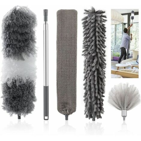 Plumeau 5 en 1 télescopique avec tête de loup en microfibre lavable et pliable, équipé d\'une poignée en acier inoxydable. Idéal pour enlever la poussière des toiles d\'araignée, des ventilateurs de p