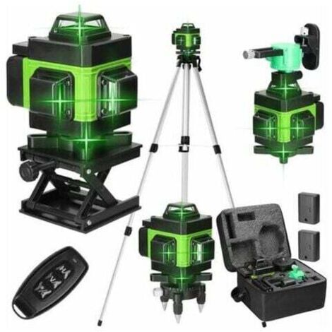 KZQ – Niveau laser 4D 16 lignes vertes – Auto-nivellement jusqu'à 3° – 2 batteries rechargeables – Rallonge en alliage 1,2 m – Réglable sur 3 hauteurs