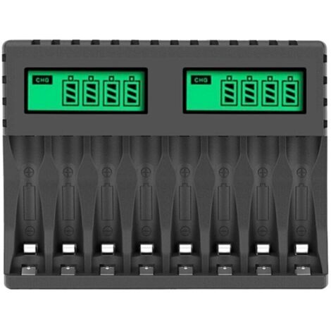 Debuns – Chargeur de piles LCD 8 emplacements – Charge rapide et entretien – Prise micro-USB et type C – Compatible AA/AAA NiCd NiMh