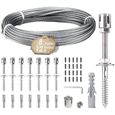 Support de plantes grimpantes en acier inox 12 m – Kit avec 8 tendeurs 304 – Câble 3 mm pour murs béton et bois massif