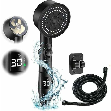 Alovez – Pommeau de douche haute pression 5 modes – Tuyau 2 m en acier inoxydable – Indicateur LED de température – Compatible avec flexibles standards