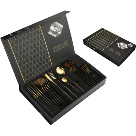 Lot de 24 couverts plats en acier inoxydable avec porte-couverts en argent, cuillères, fourchettes et couteaux, service de vaisselle pour 6, or miroir poli et vernis rose mat (or noir)
