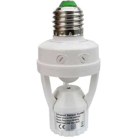 Kcvv – Douille avec détecteur de mouvement PIR E27 – Couverture 360° – Détection jusqu'à 6m – Réglage temps 10s à 5min – Réglage crépusculaire 3-2000 lux