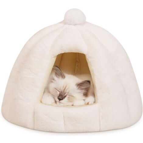 Lit Grotte pour Chat et Chien, Niche Igloo d'Intérieur avec Coussin Amovible Lavable, Tente Douillette et Chaleureuse pour Petits et Moyens Animaux (Blanc Neige, M) (1/5)