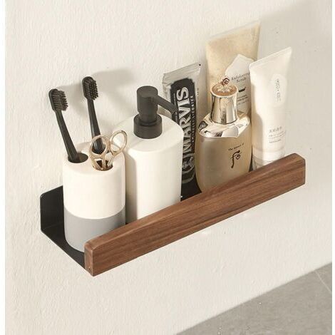 Étagère murale flottante en métal noir pour salle de bain, étagère murale décorative avec bords en bois massif, gain de place, antirouille extra forte (30 cm) (1/5)