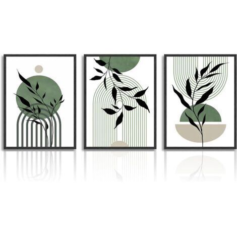 Art Mural Vert, Tableau Décoration Murale Minimaliste Abstraite Géométrique Botanique, Affiche Moderne pour Salon Chambre Salle de Bain 30x40 cm Sans Cadre, Lot de 3