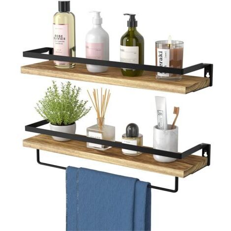 Sunxury – Lot de 2 étagères murales rustiques 42 cm – Bois de paulownia non traité – Porte-serviettes amovible – Installation rapide en 5 minutes (1/5)