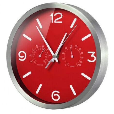 MyTime ND Thermo-Hygro Horloge Murale Radio-pilotée silencieuse avec Cadre en Acier Inoxydable et Affichage de la température et de l'humidité Rouge (1/5)