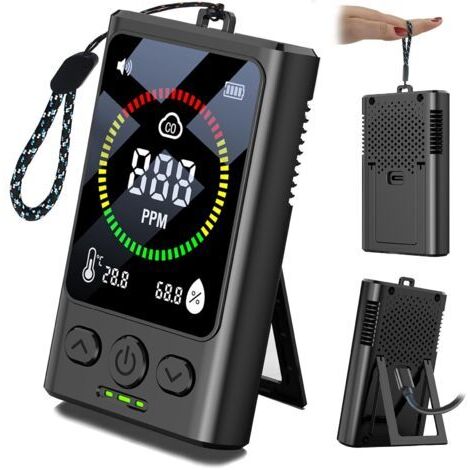 Détecteur de monoxyde de carbone portable pour les voyages, alarme rechargeable 3 en 1, autonomie de 168 heures, détection de la température et de l'humidité, moniteur de CO avec alarme sonore et visu (1/5)