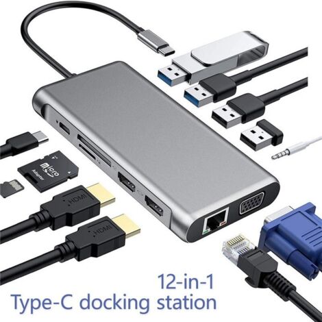 Hub USB C HDMI 12 en 1 – 2 ports HDMI 4K, VGA, 4 ports USB, carte SD/TF – Docking station pour MacBook et PC