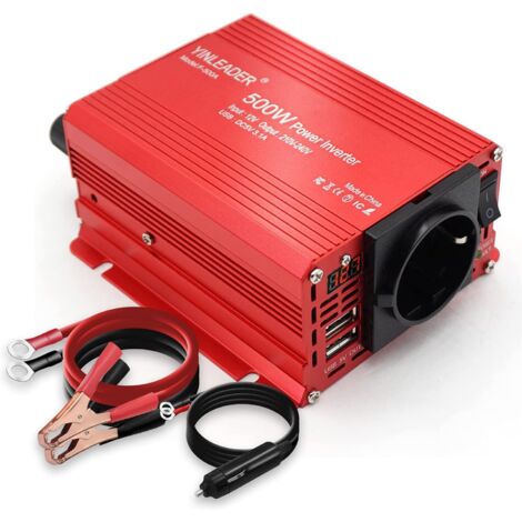 Convertisseur de tension 500W 12V à 230V – Double USB – Prises multiples – Affichage LED – Sinus modifié pour appareils 230V