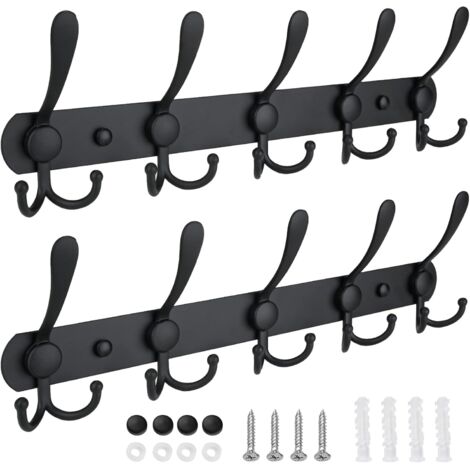 Porte-manteau mural, cinq crochets robustes, construction entièrement en métal pour veste, manteau, chapeau dans l'entrée du vestiaire (noir mat, paquet de 2) (1/5)