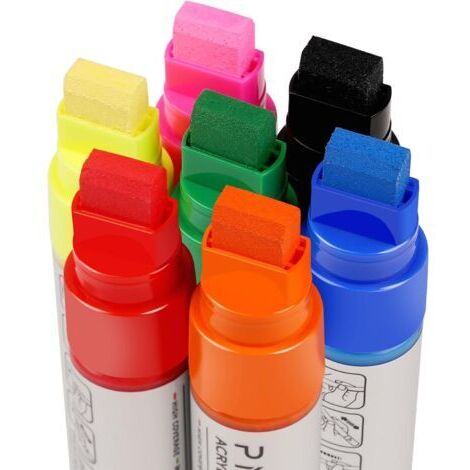 Ahlsen Lot de 7 marqueurs acryliques à pointe large biseautée de 15 mm - Stylo acrylique imperméable pour pierres, bois, fenêtre - Couleurs acryliques blanches imperméables (néon) (1/5)