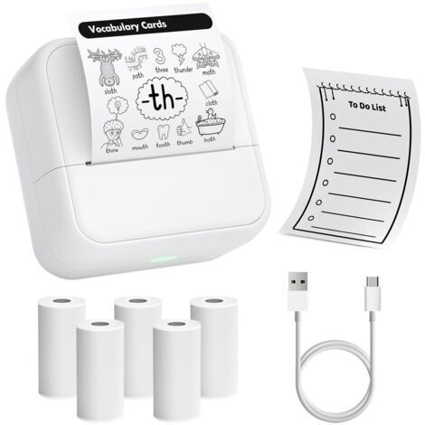Mini Imprimante, Imprimante Thermique Portable, Bluetooth Imprimante Photos sans Encre Imprimante Autocollants Compatible avec Android iOS pour Voyage, Notes d'Étude, Diagrammes (Blanc) (1/5)