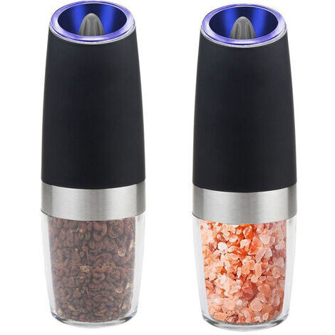 Ensemble de broyeur de poivre électrique gravité, grossière réglable, batterie avec lumière LED, fonctionnement automatique d'une main, noir en acier inoxydable, 2 pack (1/5)