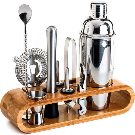 Ensemble de barman, acier inoxydable/bambou, Shaker Cobbler 550 ml, paquet de 10, argent/marron (1/5)
