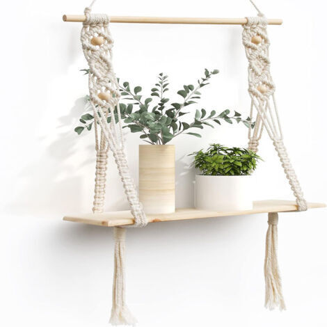 Paryou – Étagère murale en bois de pin naturel 40x15cm – Corde tissée pour plantes et objets décoratifs – Installation facile pour salon et bureau (1/5)