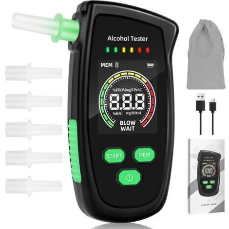 Testeur d'alcool portable certifié, rechargeable, avec écran, 5 embouts, mesure de haute précision pour les tests personnels à domicile (noir) (1/5)