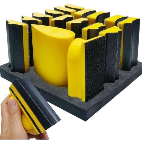 Lot de 16 blocs de ponçage à la main – Crochet et boucle, matériau en mousse souple et durable, assortiment de patins de ponçage avec plaque de support, durable, facile à installer (1/5)