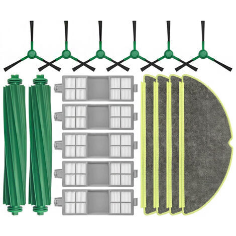 Ce kit d'accessoires pour aspirateur robot iRobot 205 comprend 2 brosses rotatives, 6 brosses latérales, 5 filtres et 4 chiffons de nettoyage. (1/5)