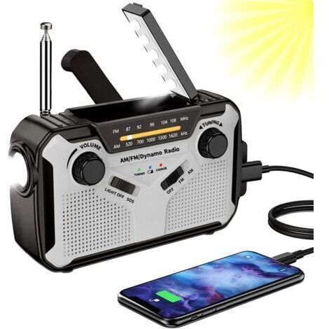 Solar Radio, AM/FM Portable Crank Radio Dynamo Emergency Radio with 4000 mAh Rechargeable Battery, LED Torch, SOS Alarm for Camping, Outdoor/Emergency (Grey) (1/5)