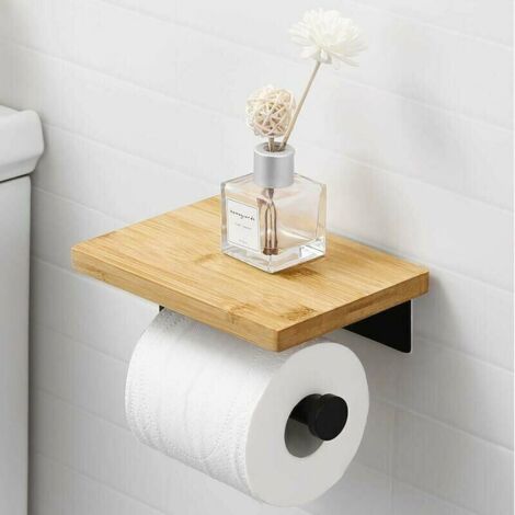 Porte Papier Toilette Adhésif avec Etagère Bambou Porte Rouleau sans perçage en Acier Inoxydable SUS304 Noir Mat, (1/4)