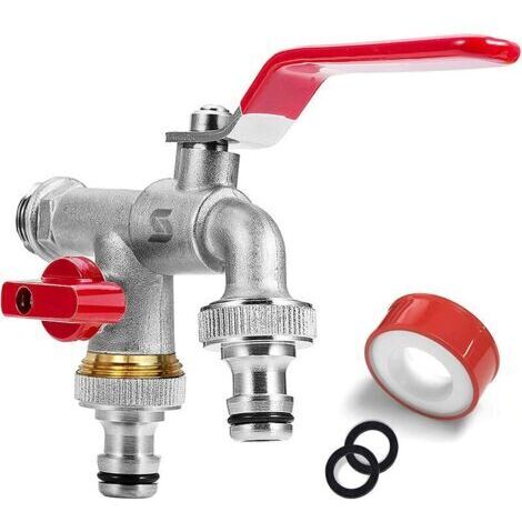 Robinet Double de Jardin ,robinet avec 2 sorties 3/4quot - Entrée 1/2quot, 1 bande d'étanchéité à rouleau, double raccord et embout de tuyau pour jardin, citerne de pluie, machine à laver (Rouge) (1/4)
