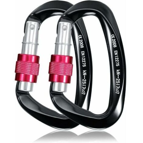 25KN Mousqueton Escalade 2pcs , Mousqueton Verrouillage de Sécurité en Forme de D Robuste Aluminium pour Camping, Lalpinisme, Randonnée, Sauvetage, Pêche, Descente en Rappel, Hamac (Noir) (1/4)
