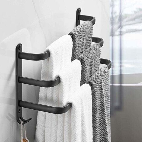 FOREHILL Porte-Serviettes Mural en Aluminium - 3 Étages - Avec Crochets - 60 cm - Étanche - Noir - Pour Salle de Bain, Cuisine, Salle de Bain (1/4)