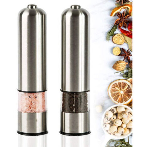 Moulin à sel et poivre électrique, à piles, lame de meulage en céramique, secoueur automatique en acier inoxydable avec lumière LED et grossièreté réglable (1/4)