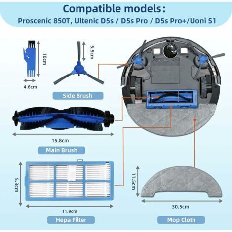 Accessoires Pièces de Rechange pour Robot aspirateur Proscenic 850T, Ultenic D5s Pro, Ultenic D5s Pro+, Uoni S1, 1 Brosse Principale, 4 brosses latérales, 3 filtres Hepa, 2 lingettes, 1 Outil (1/4)