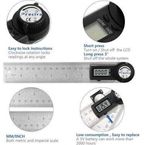 Règle D'angle Numérique, Rapporteur, Mesure de Longueur 200 mm et d'Angle en Acier Inoxydable avec Maintien, Zéro et Grand Ecran LCD, Système Mm/Inch, pour le Travail du Bois, Construction (1/4)