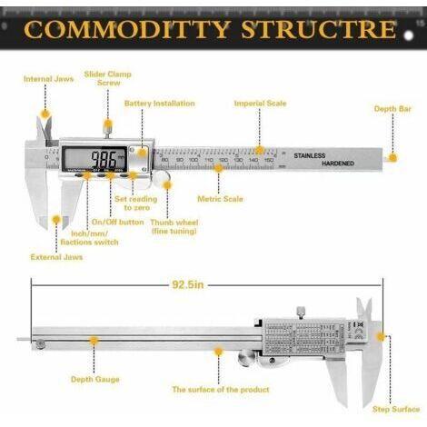Pied à Coulisse Digital - Professionnel Numérique Caliper Pied à Coulisse de 150mm Mesure précise et rapide, lecture facile en Acier inoxydable Outil Micromètre Vernier avec Ecran d'affichage LCD, (1/4)