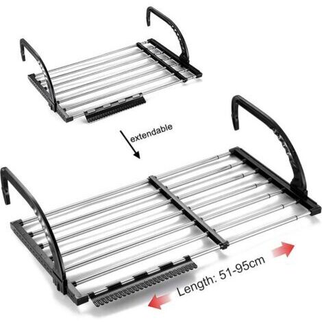 Séchoir à Linge Balcon/Radiator/Mural,Etendoir à Linge Pliable en Acier Inoxydable, Télescopique Sèche Linge Suspendu (Longueur: 51-95 cm), Etendoir Chaussette Coupe-Vent Inclus (1/4)