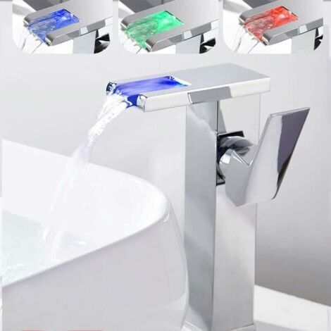 FOREHILL Robinet Lavabo LED Haut Cascade Robinet Salle De Bain,Moderne Design Élégant Laiton Mitigeur Lavabo,Eau Chaude Et Froide Disponible,3 Changements De Couleur,Chromé (1/4)