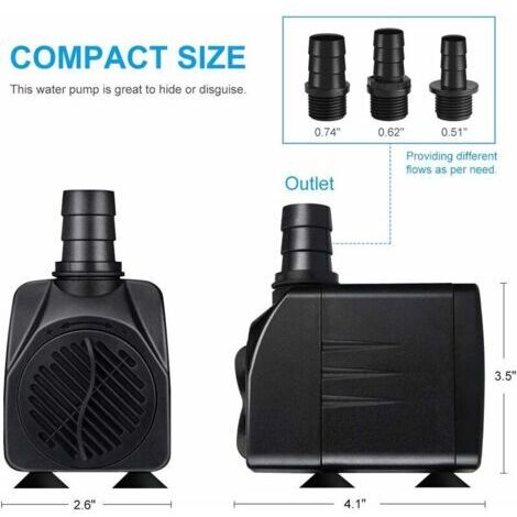Pompe Eau Submersible, 65w 3000l / H Mini Pompe Aquarium,Ajustable Pompe Fontaine Pour Étang Fontaine Réservoir De Poissons Avec 3 Buses, Cordon De 3m (Bruit De 20 À 30 Db) (1/4)