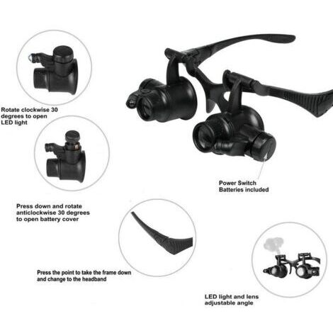 Loupe avec 2 lumières LED, 8 lentilles amovibles, loupe montée sur la tête, loupe mains libres pour réparation, lecture, bijoux, montres (2,5X 4X 6X 8X 10X 15X 20X 25X)
