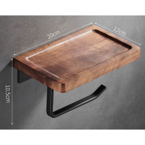 Porte-papier hygiénique sans perforation Porte-serviettes mural en bois massif de toilette de luxe léger (porte-serviettes en papier concave noir de 20 cm de long sans poinçonnage)