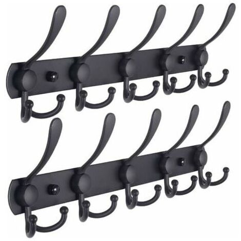 Porte-manteau mural - 5 crochets triples, robustes, acier inoxydable, rail de crochet en métal pour porte-manteau, porte-serviettes, porte-monnaie, robes d'entrée de salle de bain (noir, 2 paquets) (1/5)