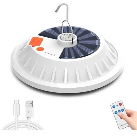 Lampe Camping Solaire, Lampe Exterieur LED Rechargeable par USB avec Télécommande, 5 modes avec crochet, Lanterne de Camping Étanche Portable pour la randonnée, la pêche, les urgences (1/5)