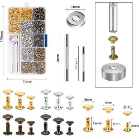 Kit de rivets pour cuir 360°, 3 tailles, rivets doubles pour cuir, rivets tubulaires en métal (3 pièces), outil de fixation pour le travail du cuir, rivets de rechange, 4 couleurs (1/4)