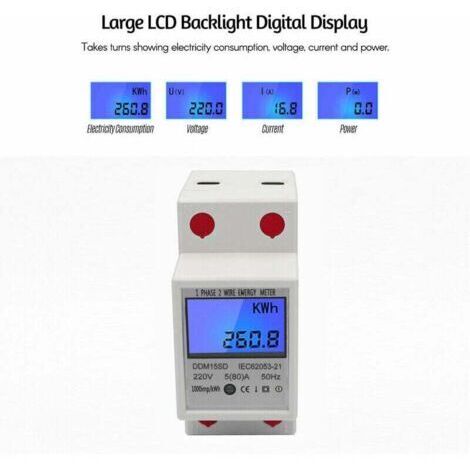 Compteur d'électricité monophasé. Wattmètre numérique sur rail DIN DDM15SD 5-80A 220V 50Hz, compteur électronique kWh avec rétroéclairage LCD.