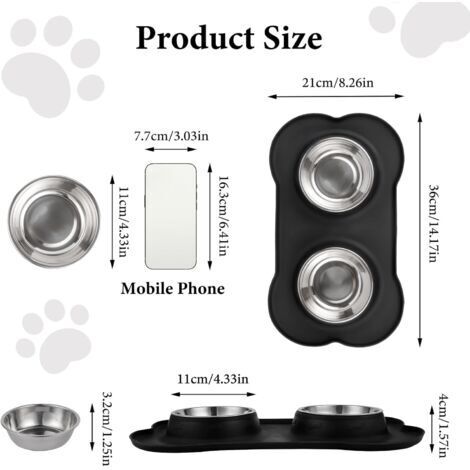 Tapis de gamelle en acier inoxydable pour chat, ensemble de 2 gamelles antidérapantes en acier inoxydable pour chiens et chats, double gamelles d'eau avec tapis de gamelle en silicone anti-éclaboussur