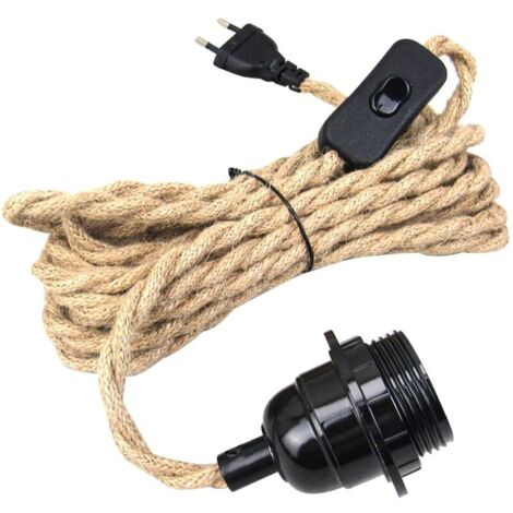 Lustre Corde de Chanvre Câble 4.5m, Douille E27 Interrupteur avec Fil Cable Ampoule, DIY Suspension Luminaire Lampe Créative Lumière Pendante Industrielle, pour Maison, Chambre, Bar (1/4)