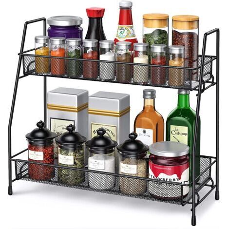 Étagère à Épices Cuisine, Porte-Épices en Métal, Rangement Epices Cuisine pour Comptoir,Étagère de Rangement 2 Niveaux,Noir