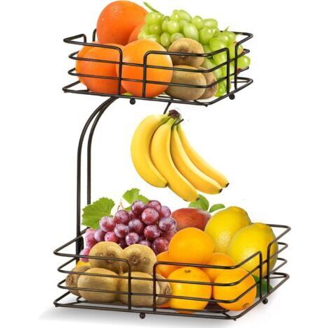 Corbeille à fruits à 2 étages avec porte-banane, en métal, amovible, décorative, moderne,Noir (1/5)