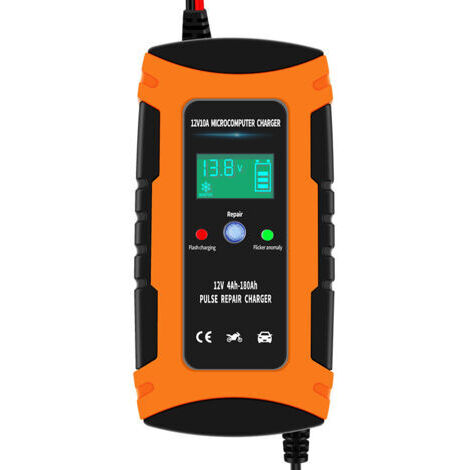 Chargeur De Batterie Portatif 12V 10A Chargeur De Batterie De Voiture Chargeur Intelligent Entièrement Automatique Chargeur d'entretien Portable Chargeur De Batterie Automatique Orange (1/5)